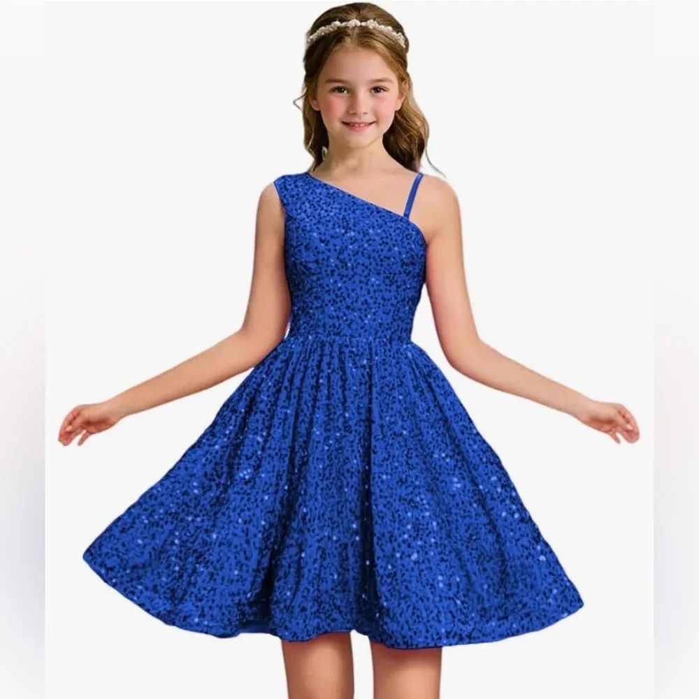 Girls One-Shoulder Sequin Party Dress - Royal Blue